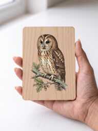 Tawny Owl Art Print - Vintage Illustration Woodland Pine Wooden Postcard Wall - thumbnail 1