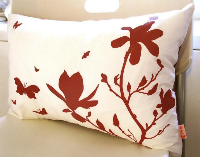 Red Magnolia Butterfly Pillow Silkscreened Cotton Throw Pillow - image 1