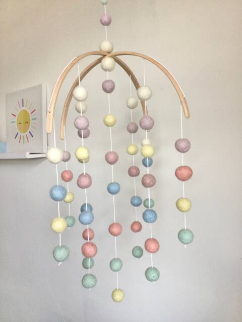 Pastel Rainbow Felt Ball Baby Mobile - Wooden Arched Nursery Decor - image 1