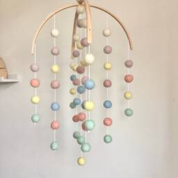 Pastel Rainbow Felt Ball Baby Mobile - Wooden Arched Nursery Decor - thumbnail 3