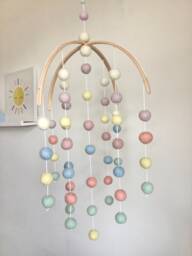 Pastel Rainbow Felt Ball Baby Mobile - Wooden Arched Nursery Decor - thumbnail 1