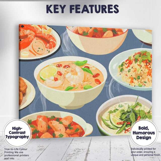Asian Seafood Curry Rice & Soup Food Pattern Canvas Wall Art Print Decor Picture Ready To Hang - image 1