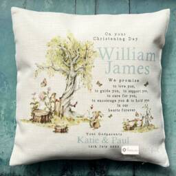 Personalised Christening Baptism Gift Promise To Godchild Godson Goddaughter Woodland Rabbit Linen Style Cushion Godparent Godmother
