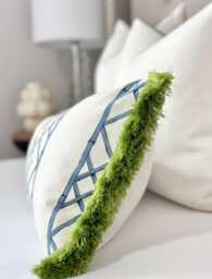 Blue Bamboo Pillow Cover , Chinoiserie Style Decorative One Sided Throw With Green Brushed Fringe Detail - thumbnail 1