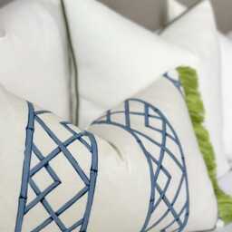 Blue Bamboo Pillow Cover , Chinoiserie Style Decorative One Sided Throw With Green Brushed Fringe Detail - thumbnail 2