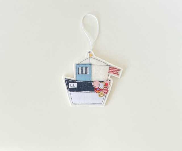 Fishing Boat Christmas Decoration, Ornament, Tree, Hanging Striped Fabric, Embroidery Art, Cornwall
