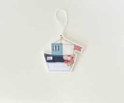 Fishing Boat Christmas Decoration, Ornament, Tree, Hanging Striped Fabric, Embroidery Art, Cornwall
