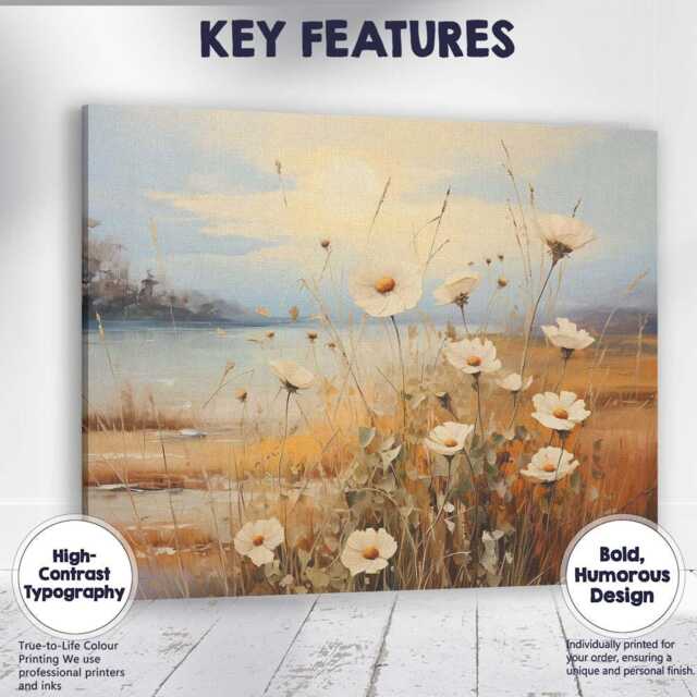 Golden Sunlit White Cosmos Floral Lakeside Landscape Canvas Wall Art Print Decor Picture Ready To Hang - image 1