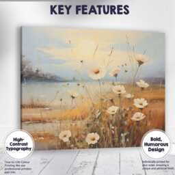 Golden Sunlit White Cosmos Floral Lakeside Landscape Canvas Wall Art Print Decor Picture Ready To Hang - thumbnail 1