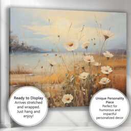 Golden Sunlit White Cosmos Floral Lakeside Landscape Canvas Wall Art Print Decor Picture Ready To Hang - thumbnail 3