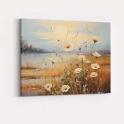 Golden Sunlit White Cosmos Floral Lakeside Landscape Canvas Wall Art Print Decor Picture Ready To Hang - thumbnail 4