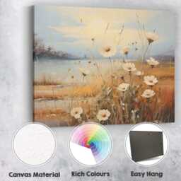 Golden Sunlit White Cosmos Floral Lakeside Landscape Canvas Wall Art Print Decor Picture Ready To Hang - thumbnail 2