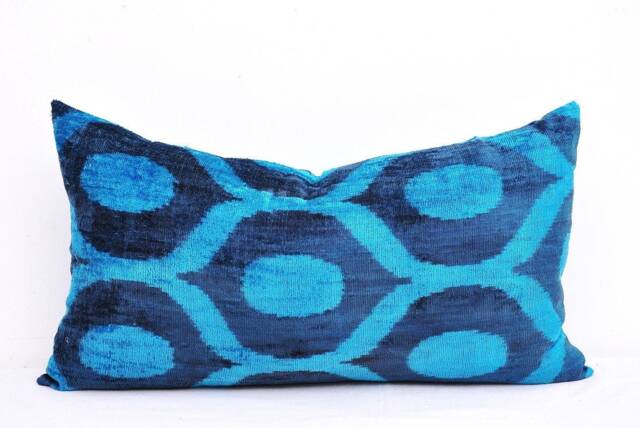 Handloom Silk Velvet Ikat Pillow Cover, Medium Blue Accent - image 1