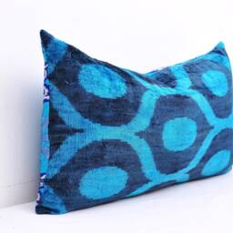Handloom Silk Velvet Ikat Pillow Cover, Medium Blue Accent - thumbnail 2