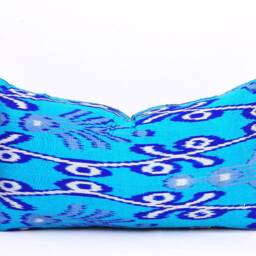 Handloom Silk Velvet Ikat Pillow Cover, Medium Blue Accent - thumbnail 3
