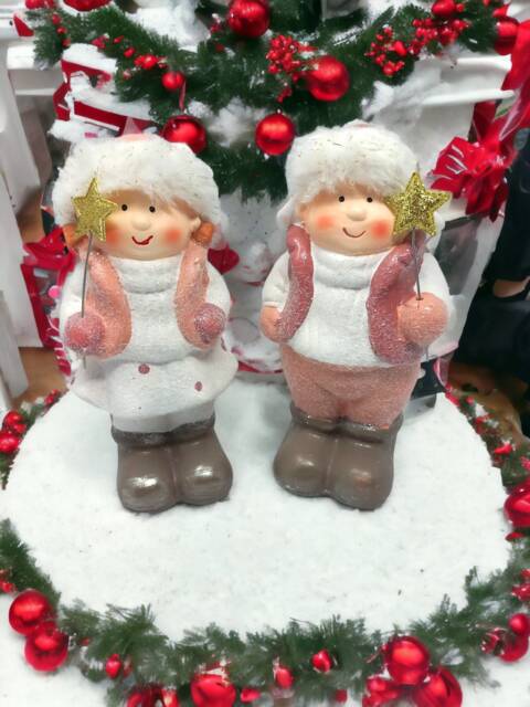 Christmas Ceramic Figurines Glitter Girl & Boy Ornaments - image 1