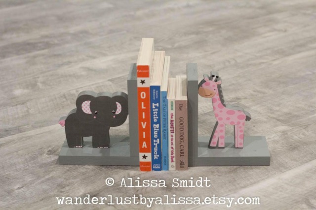 Elephant & Giraffe Bookends, Pink Grey, Jungle Themed Custom Made Wooden Bookends - Pink, Gray Wood Bookends - image 1