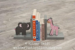 Elephant & Giraffe Bookends, Pink Grey, Jungle Themed Custom Made Wooden Bookends - Pink, Gray Wood Bookends - thumbnail 1