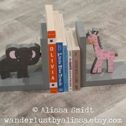 Elephant & Giraffe Bookends, Pink Grey, Jungle Themed Custom Made Wooden Bookends - Pink, Gray Wood Bookends - thumbnail 2
