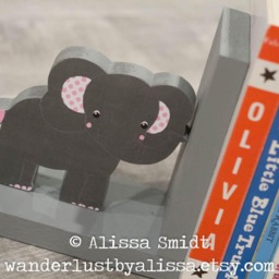 Elephant & Giraffe Bookends, Pink Grey, Jungle Themed Custom Made Wooden Bookends - Pink, Gray Wood Bookends - thumbnail 3