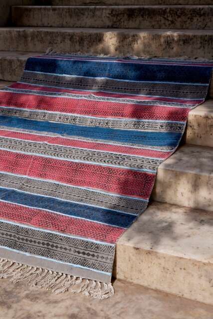 Handwoven Block Print Rug Red & Blue Striped Dhurrie, 4x6 Cotton - image 1