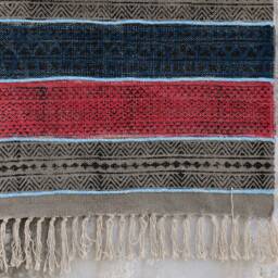 Handwoven Block Print Rug Red & Blue Striped Dhurrie, 4x6 Cotton - thumbnail 2