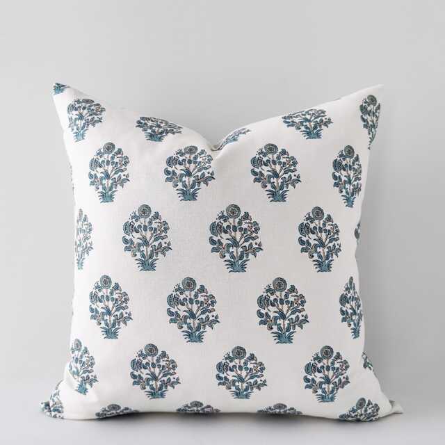 Blue-Green Floral Pillow Cover - Printed Decorative Cushion in Organic Cotton - image 1