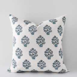 Blue-Green Floral Pillow Cover - Printed Decorative Cushion in Organic Cotton - thumbnail 1