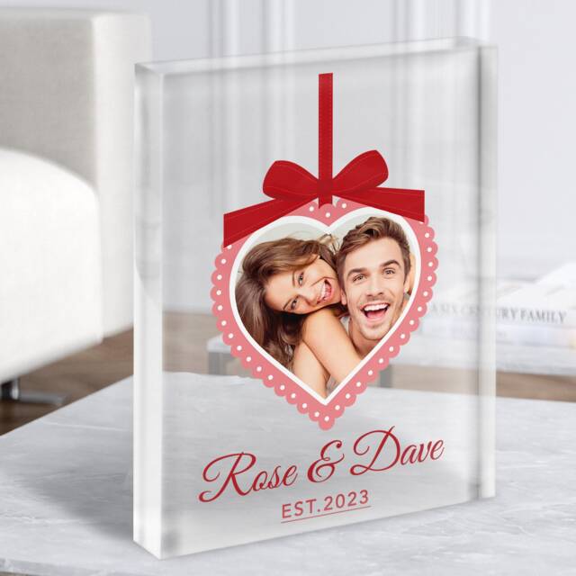 Hanging Heart Red Bow Photo Frame Romantic Gift Personalised Clear Acrylic Block - Gift, Keepsake Custom - image 1