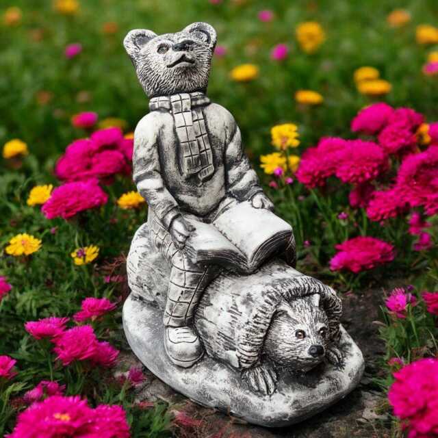 Concrete Bear Statue Reading Book Hedgehog Figurine in Log Stone Forest Animal Sculpture Cement Garden Ornament Outdoor Yard Decor Gift - image 1