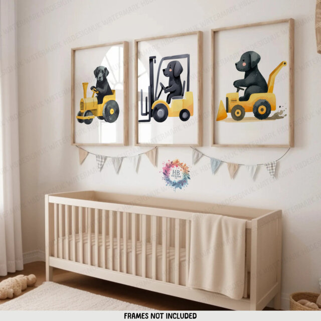 Dog Construction Nursery Prints - Set Of 3 Kids Posters - Digger Decor Truck Poster Kid Labrador Print Transport Wall Art Boy Girl - image 1