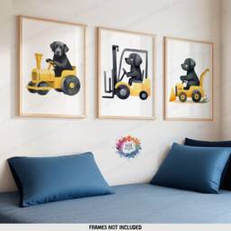 Dog Construction Nursery Prints - Set Of 3 Kids Posters - Digger Decor Truck Poster Kid Labrador Print Transport Wall Art Boy Girl - thumbnail 2