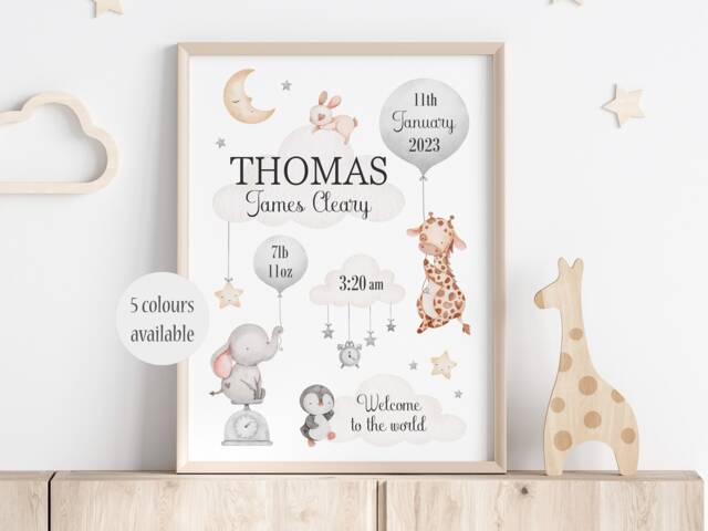 Personalised Safari Animal Print Unframed Neutral Birth Gift New Baby Keepsake Elephant Giraffe - image 1