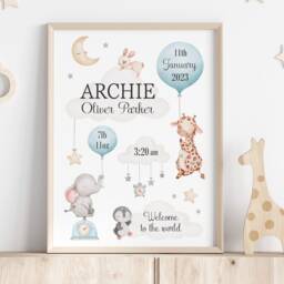 Personalised Safari Animal Print Unframed Neutral Birth Gift New Baby Keepsake Elephant Giraffe - thumbnail 3