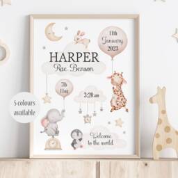Personalised Safari Animal Print Unframed Neutral Birth Gift New Baby Keepsake Elephant Giraffe - thumbnail 2