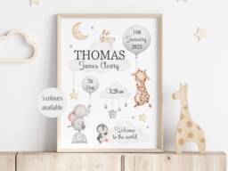 Personalised Safari Animal Print Unframed Neutral Birth Gift New Baby Keepsake Elephant Giraffe - thumbnail 1