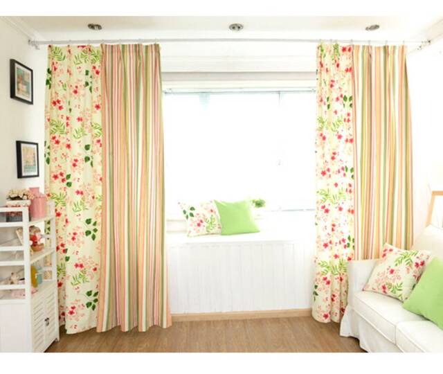 Window Curtain Panel/Window Treatment/Topper/Bedroom Drape/Bathroom Shower Curtain, Kids Nursery Children Playroom-Flower Stripe, Free Gift - image 1