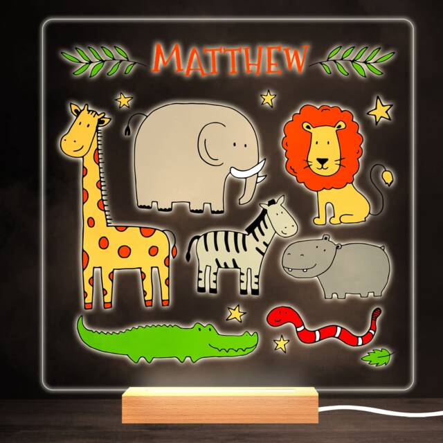 Jungle Safari Animals Colourful Square Personalised Gift Led Lamp Night Light - Bedroom - image 1