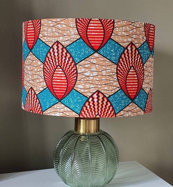 African Wax Print Lampshade Handmade Drum Lampshade, Red Green Beige - image 1