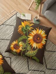 Sunflower Floral Throw Pillow, Retro Vintage Cushion, Durable Fabric, 16x16 To 20x20 Inches, Original Design