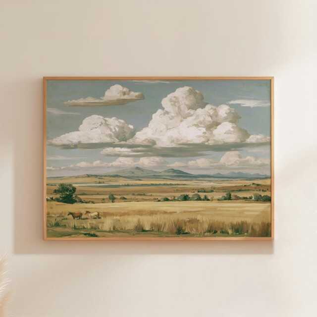 Horse Pasture Poster, Blue Sky Landscape Print, Country Wall Art, Paper - image 1