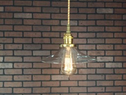 "Industrial Pendant Light -Brass 8"" Flat Clear Glass Shade With Patented ""Huila Electrical Connectors" - thumbnail 1