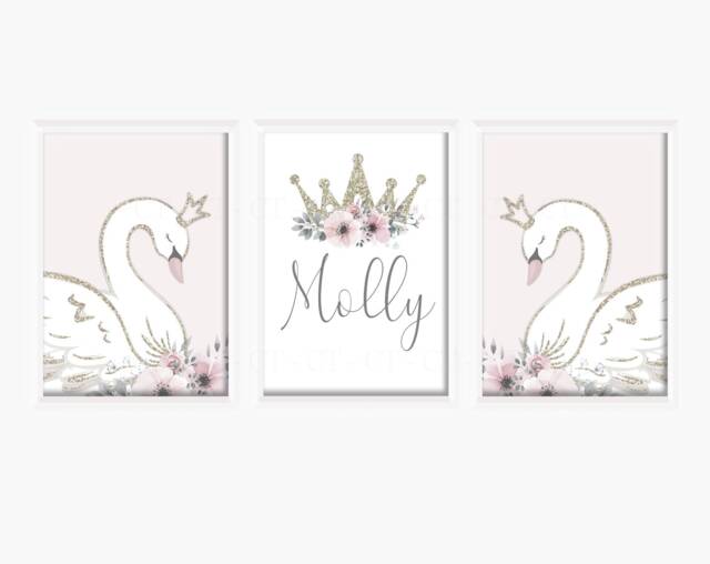 Swan Princess Girls A4 Or A3 Nursery Set Of Unframed Personalised Prints Pink Gold Grey Flowers Bow Crown Wall Decor Art - image 1