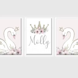 Swan Princess Girls A4 Or A3 Nursery Set Of Unframed Personalised Prints Pink Gold Grey Flowers Bow Crown Wall Decor Art - thumbnail 2