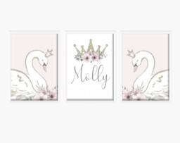 Swan Princess Girls A4 Or A3 Nursery Set Of Unframed Personalised Prints Pink Gold Grey Flowers Bow Crown Wall Decor Art - thumbnail 1