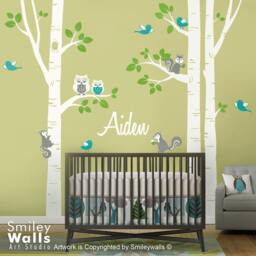 Nursery Wall Decal Birch Trees Forest Animals Kids Personalized Owsl Squirrels Birds Baby Room Art Decor