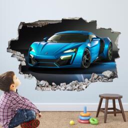 Blue Supercar Wall Decal Sticker - Sports Car Mural Print Art For Kids Bedroom Home Decor - Br3 - thumbnail 1