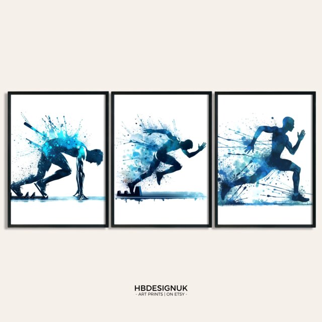 Blue Athletics Wall Art Set - Of 3 Runner Posters - Running Painting Decoration Decor Print Poster Gifts Gift - image 1