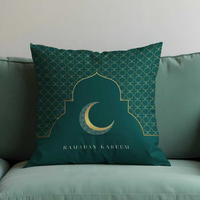 Ramadan Kareem Cushion Cover, Teal Green Islamic Geometric Pillow Case, Crescent Moon Decor, Modern Style - image 1