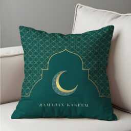 Ramadan Kareem Cushion Cover, Teal Green Islamic Geometric Pillow Case, Crescent Moon Decor, Modern Style - thumbnail 4